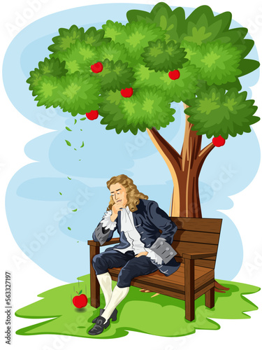 Murais de parede Sir Isaac Newton and discovery of gravitation theory apple falling from the tree
