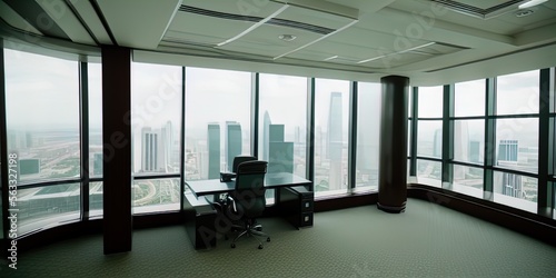 Executive corner office in a high rise  showing view of the city below. 