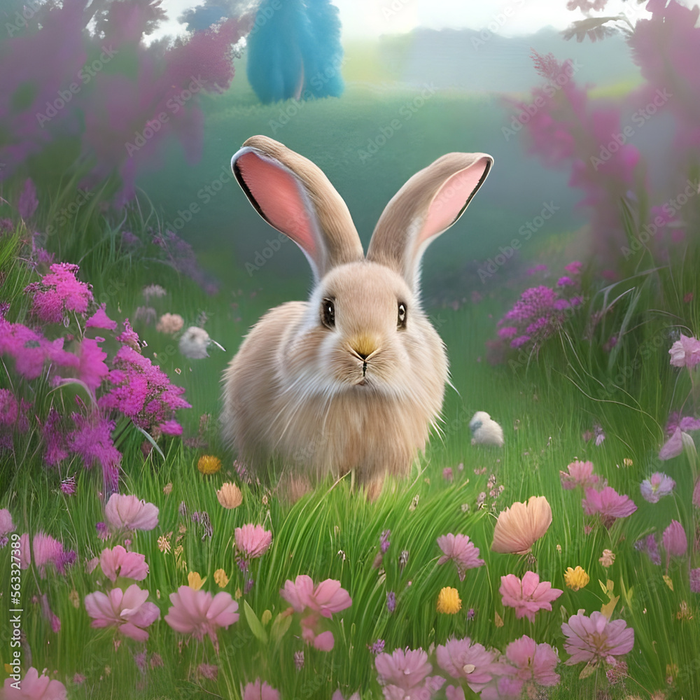 Obraz premium Cute bunny sitting in a flower meadow