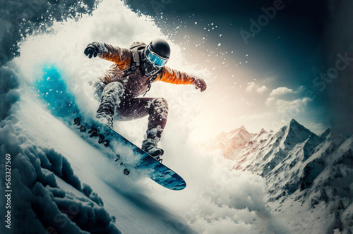 Winter sports, snowboarding. Snowboarder on the slope, close up low angle view. AI generative
