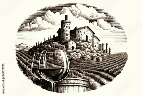 Toast to Luxury - A Vector Engraving of a Majestic Vineyard Castle with Two Glasses of Exquisite Wine in the Foreground, Reflecting the Splendor of the Surrounding Grapes