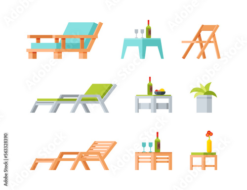 Backyard or Patio Furniture for Relax with Garden Wooden Table, Deck Chair and Flowerpot Vector Set
