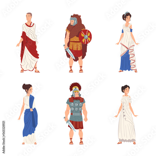 Ancient Roman People Characters with Soldier and Noble Citizens in Long Tunic Vector Set