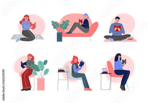 People Characters Reading Book Sitting Vector Set