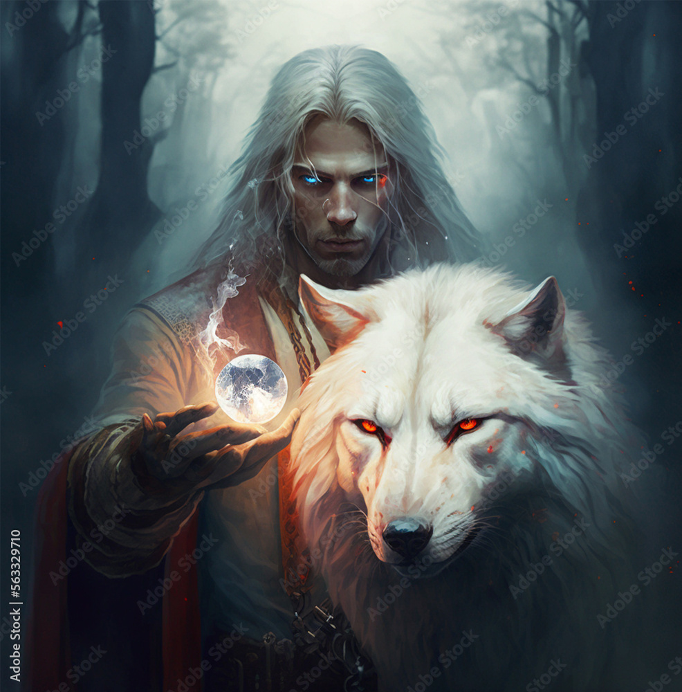 Mysterious man with long hair, with the man stands a white wolf with ...