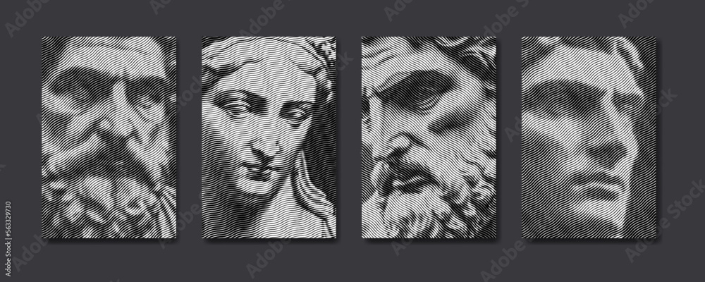 Antique greek statues in engraved line pattern. Renaissance sculpture in modern guilloche design. Roman statue faces, textured artwork. Vector illustration for poster, cover, wall art, banner - obrazy, fototapety, plakaty 