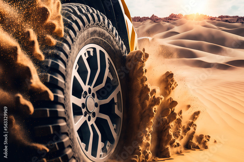 Close-up at 4x4 off-road car wheel which is driving on sand dune route in desert. Generative Ai image. 