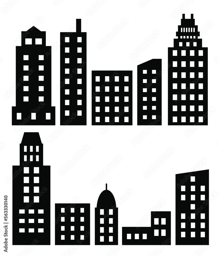 Flat Black Cityscape Silhouette city buildings set Modern Urban