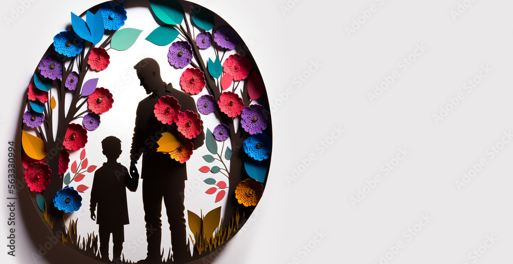Silhouette of Father and Son, Happy Father's Day Illustration, Paper Cut Style, Generative AI