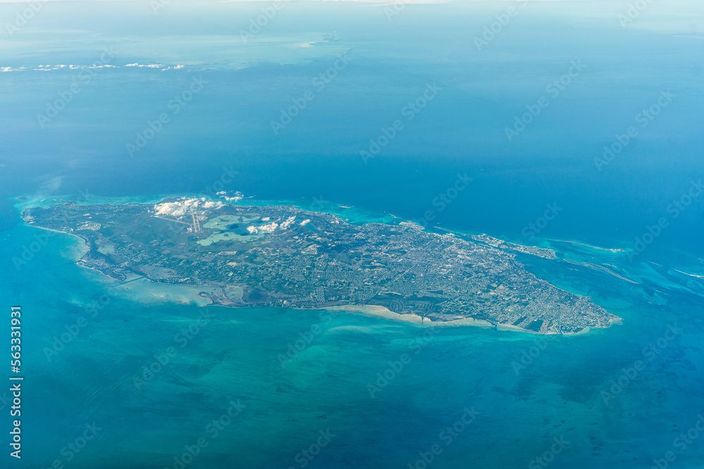 Aerial view of New Providence Island, Bahamas with Nassau, the capital and largest city of 