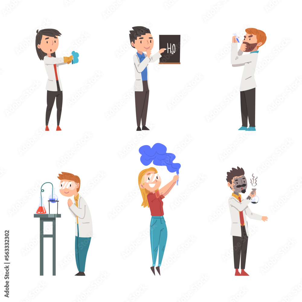 Man and Woman Scientist in Lab Coat with Flask Conducting Scientific Research Vector Set Man and Woman Scientist in Lab Coat with Flask Conducting Scientific Research Vector Set