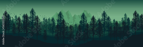 green forest mountain landscape silhouette vector illustration good for wallpaper, background, backdrop, banner, print, and design template