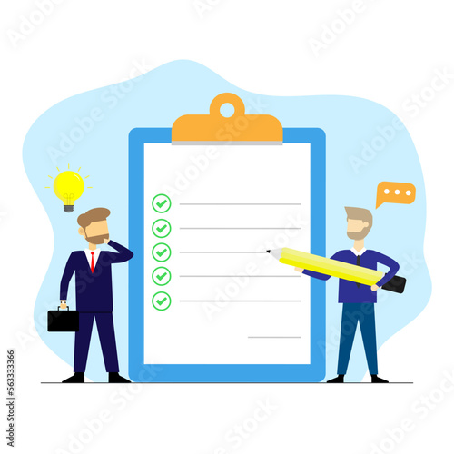 Vector concept businessman stand thinking with working checklist,Flat character man with goal business checklist