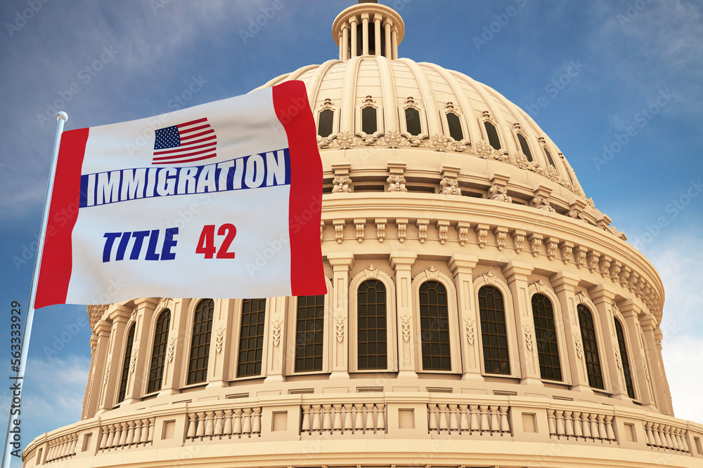 Beautiful flag of the United States of America TITLE 42 IMMIGRATION waving with the strong wind and behind it the dome of the Capitol USA 3D RENDER, 3D RENDERING. - obrazy, fototapety, plakaty 