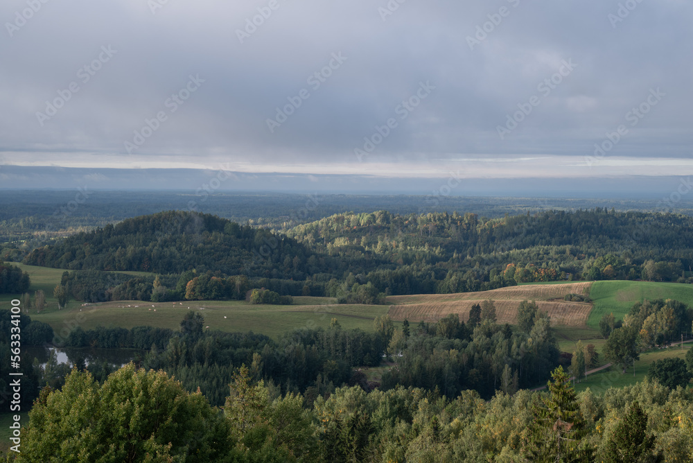 Foggy forest hills and fields touched by morning sun in autumn landscape Foggy forest hills and fields touched by morning sun in autumn landscape