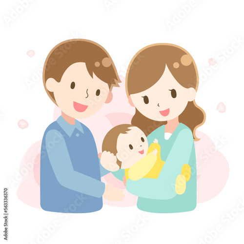 赤ちゃんを抱っこしている若い夫婦のイラスト