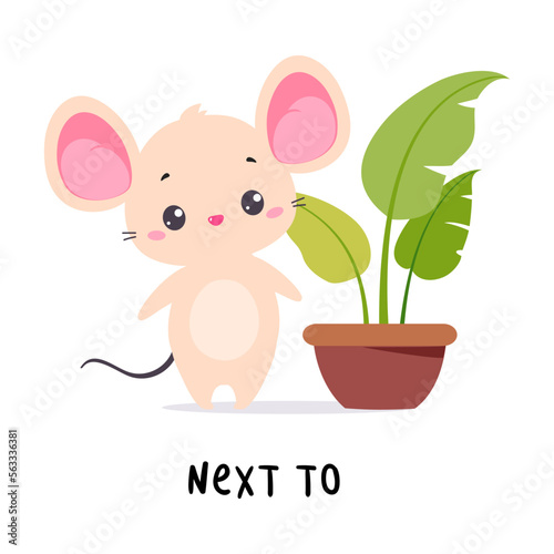 Little Mouse Standing Next To Houseplant as English Language Preposition for Educational Activity Vector Illustration