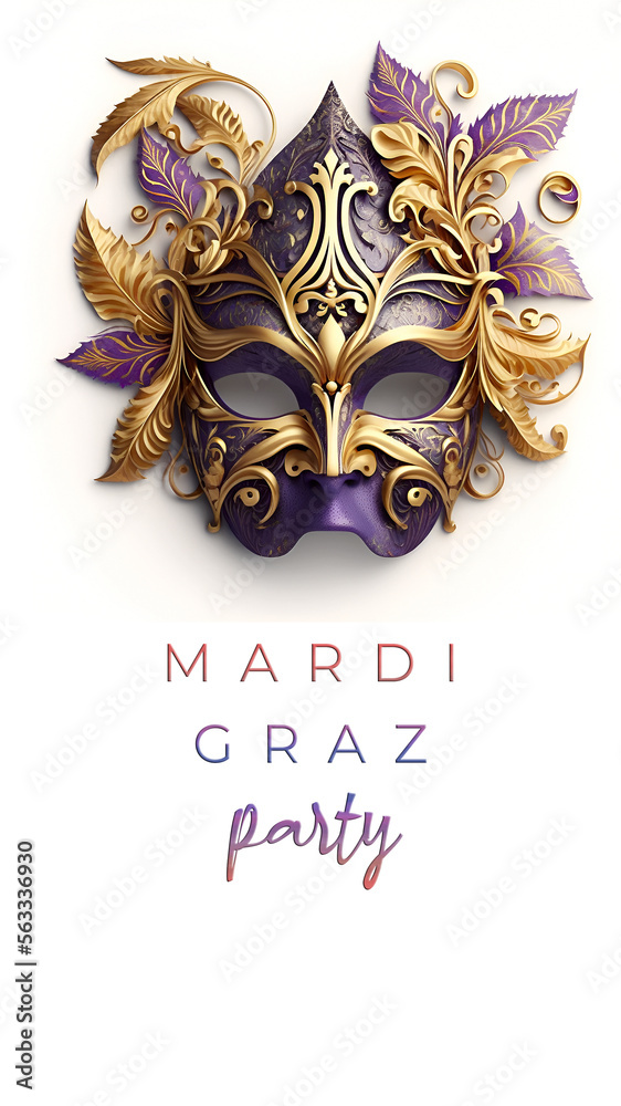 Realistic luxury carnival mask for Mardi Gras isolated on white background, panoramic banner with text Mardi Gras party. Generative AI, AI generated illustration.