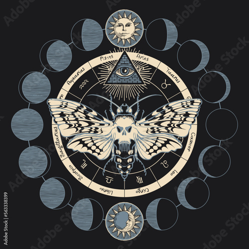 Hand-drawn scary butterfly moth dead head on the background of magical symbols of zodiac signs, moon phases in a circle. Witchcraft, occult attributes, alchemical signs.