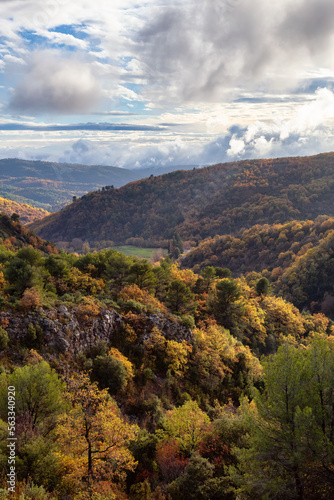 Mountain Landscape with Fall Color Trees. Sunny autumn day. France, Europe. Nature Background