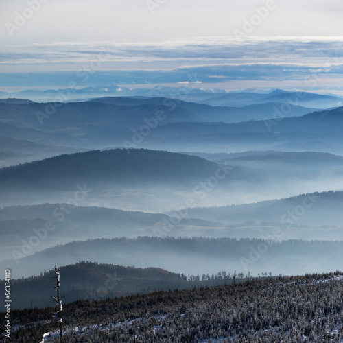 Fototapeta Naklejka Na Ścianę i Meble -  Misty hills landscape in southern Poland in Wisla