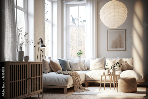 Modern interior japandi style design livingroom. Lighting and sunny scandinavian apartment with plaster and wood 3d render illustration , ai generated photo