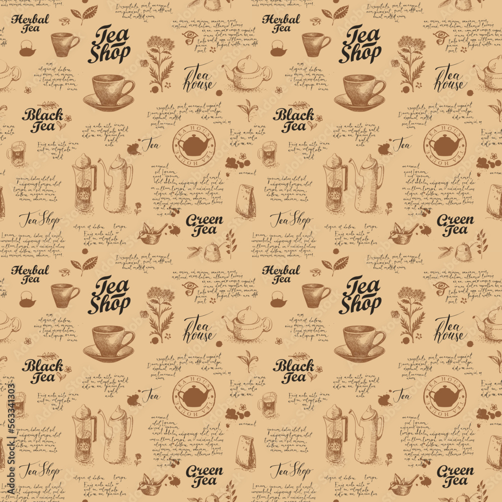 Seamless pattern on the theme of tea and tea shop with sketches, inscriptions and handwritten text lorem ipsum. Vector abstract background with hand-drawn herbs. Wallpaper, wrapping paper, fabric
