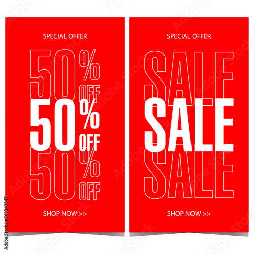Sale and discount vector banner design with white text on red background suitable for shopping season advertisement, special offer promotion and price reduction announcement. Flat style illustration.