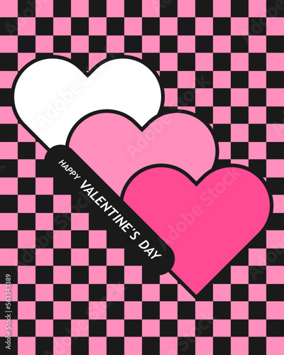 Happy Valentine's Day card. Banner or background with heart frame and pattern in pop art flat style for decor, greeting, print, packaging, sale, promo, web. Vector EPS 10