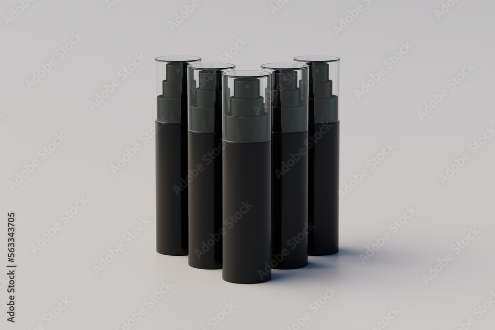 Black Plastic Spray Bottle Mockup. Multiple Bottles. 3D Rendering Black Plastic Spray Bottle Mockup. Multiple Bottles. 3D Rendering