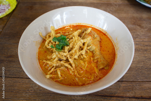 Khao Soi, Curried Noodle Soup with Chicken, Northern Thai cuisine.