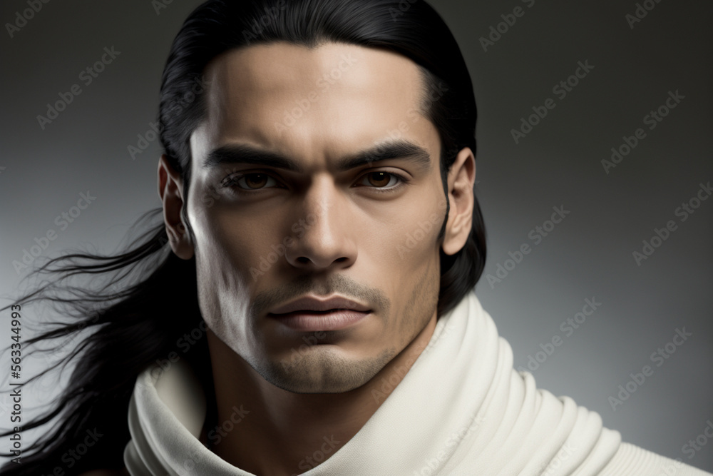 Close-up portrait of a handsome young hispanic / latino man with long windswept hair on a dark background - not based on a real person, Generative AI Close-up portrait of a handsome young hispanic / latino man with long windswept hair on a dark background - not based on a real person, Generative AI