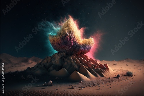  a very strange looking structure in the middle of a desert area with a sky background and stars in the sky above it, and a red and blue and yellow and pink smoke coming out.generative ai photo