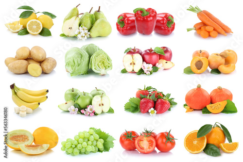Fruits and vegetables background collection isolated on white with apple tomatoes orange fresh fruit