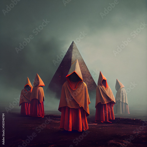 Dramatic AI generated illustration of mysterious hooded entities in a smokey, dusty desert environment, in front of a pyramid shaped obelisk photo