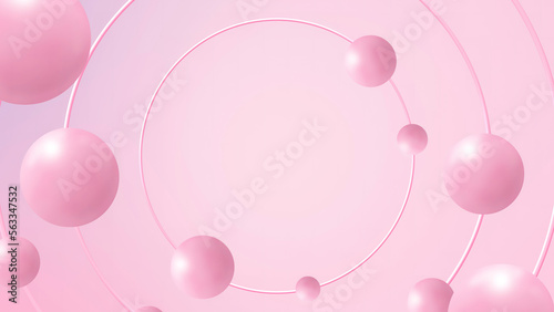 Pink circular stage with flying round 3D design, Round pedestal design geometric composition. Abstract minimal scene, Cosmetic product shiny pink showcase presentation background