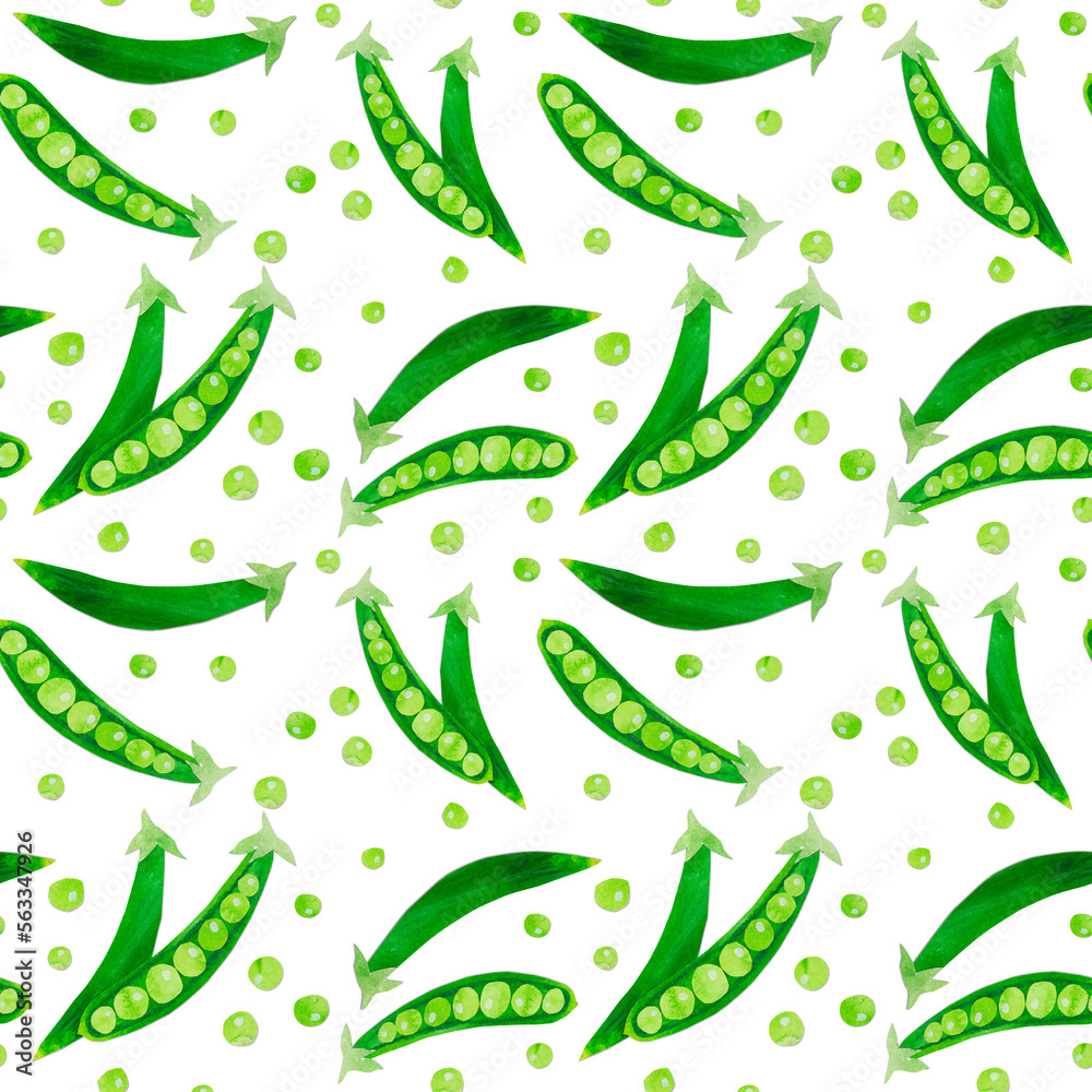 Hand-drawn watercolor papercut green peas seamless pattern. Bright cute kawaii kidcore style illustration, good for farmers market, supermarket products design, stickers or postcards Hand-drawn watercolor papercut green peas seamless pattern. Bright cute kawaii kidcore style illustration, good for farmers market, supermarket products design, stickers or postcards