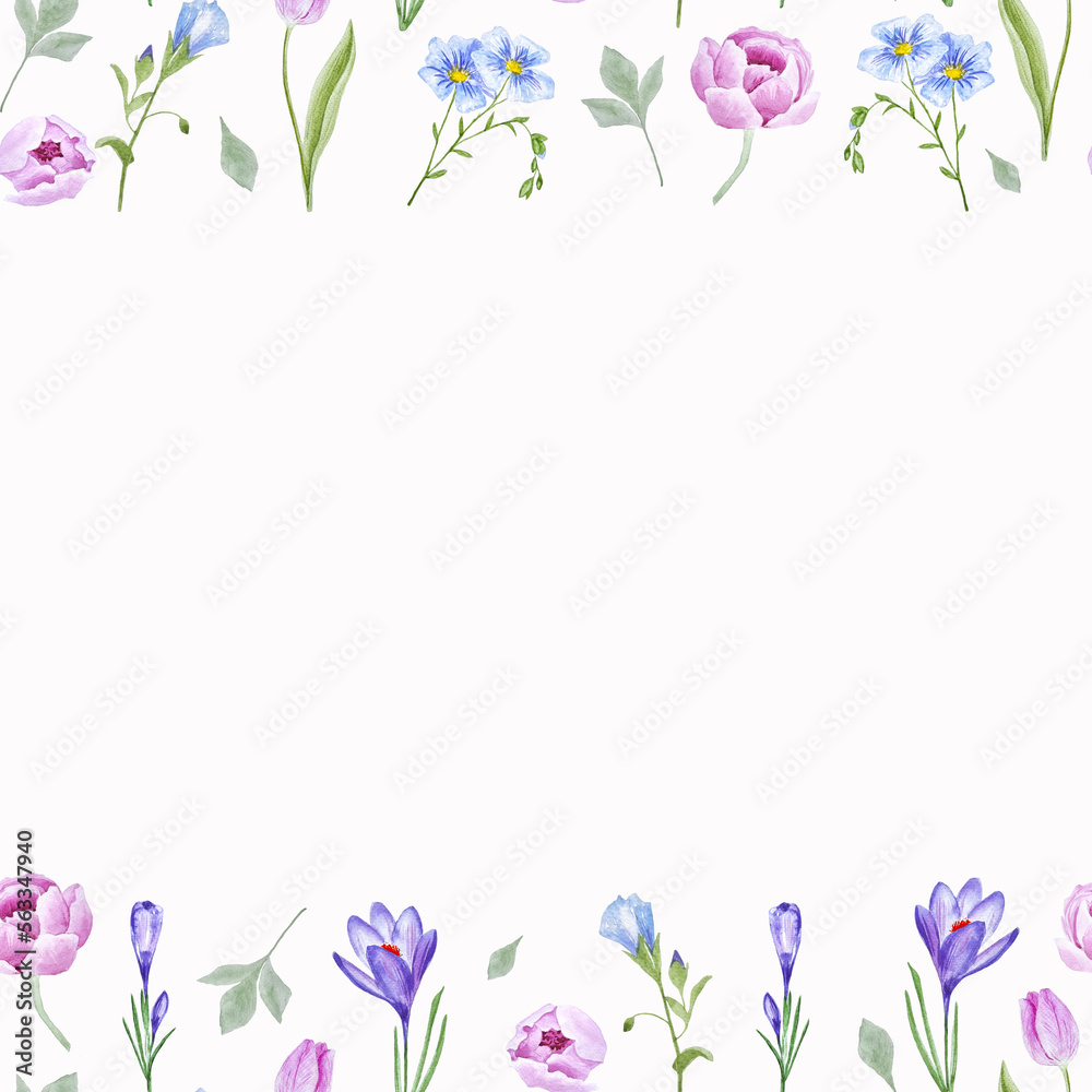 Watercolor seamless frame with spring flowers