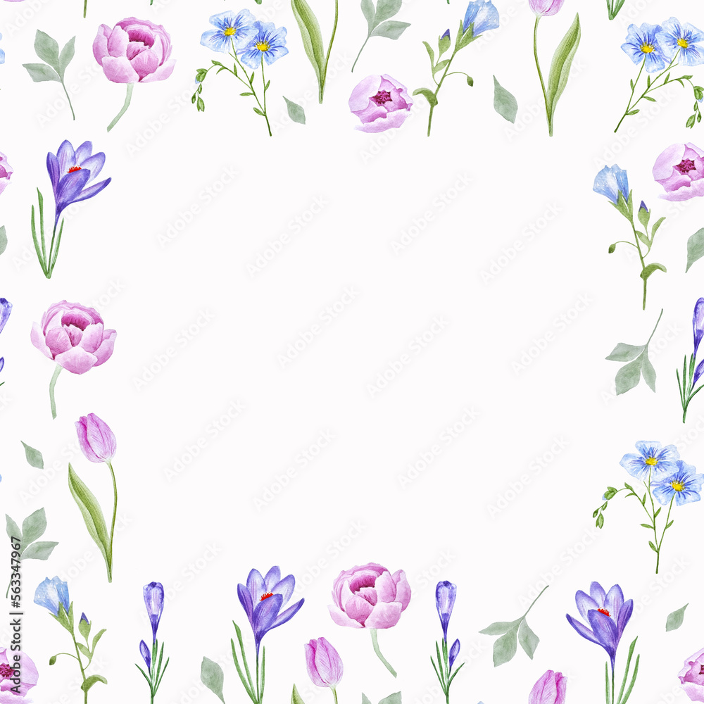 Cute watercolor flowers frame watercolor for napkins, fabric, decor, invitations