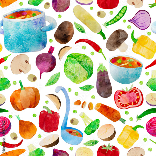 Hand-drawn watercolor vegetable soup seamless pattern. Ingredients such as carrot, beetroot, cabbage and chili. Cute kidcore illustration, for farmers market, products design, stickers or postcards
