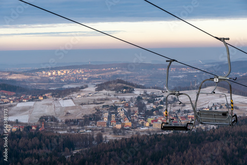 Panoramic view from the top of Dzikowiec Mountain, in Boguszow-Gorce near Walbrzych in Poland. Cable car. Polular viewing tower. City scape of Walbrzych photo