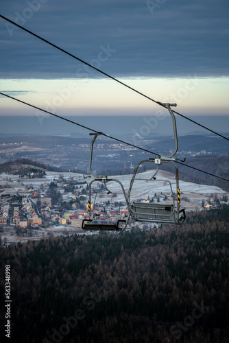 Panoramic view from the top of Dzikowiec Mountain, in Boguszow-Gorce near Walbrzych in Poland. Cable car . Polular viewing tower. City scape of Walbrzych