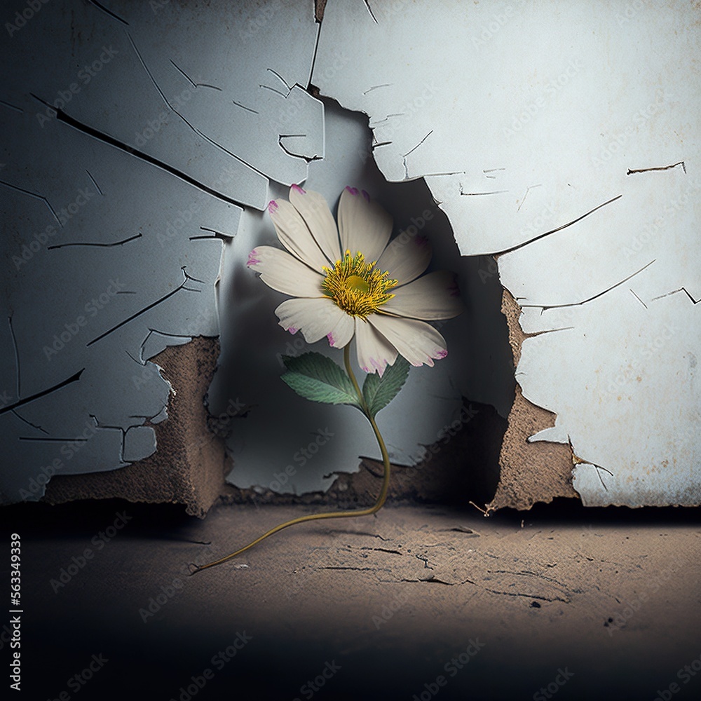 a flower is growing through a crack in a wall with a crack in it's side ...