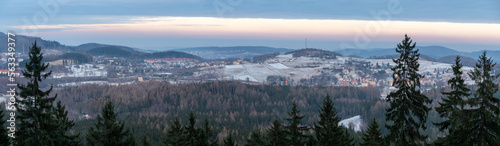 Panoramic view from the top of Dzikowiec Mountain, in Boguszow-Gorce near Walbrzych in Poland. Branches in foreground, selective focus. Popular viewing tower. photo