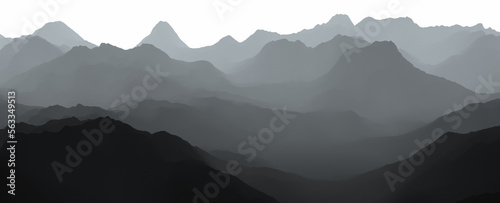 Silhouettes of a morning hills. Panoramic hill landscape. Black and white. Mist foggy light.