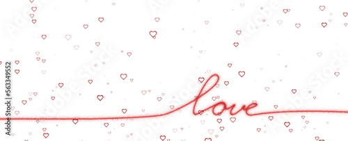 Word love handwritten in one stroke with hearts on clean white background. Illustration.