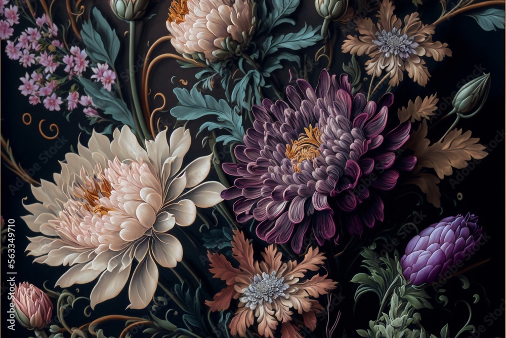hand Painted flowers as a lush pattern oil painted Photo. Generative Ai