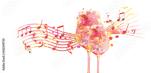 Elegant wine glasses with flowers and musical notes. Floral aroma wine in goblet. Colorful stemware with alcoholic beverage for celebrations, special occasions and degustation events. Vector
