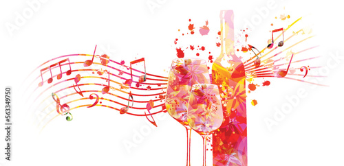 Elegant wine glass and bottle with flowers and musical notes. Floral aroma wine vector illustration. Colorful alcoholic beverage for celebrations, special occasions and degustation events. Wine making