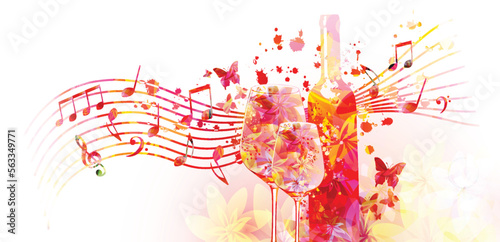 Elegant wine glass and bottle with flowers and musical notes. Floral aroma wine vector illustration. Colorful alcoholic beverage for celebrations, special occasions and degustation events. Wine making